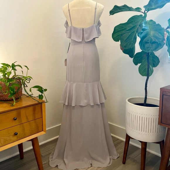 NWT Lulus Cherish the Moment Light Grey Ruffled High-Low Maxi Dress - Size Med - Picture 4 of 12